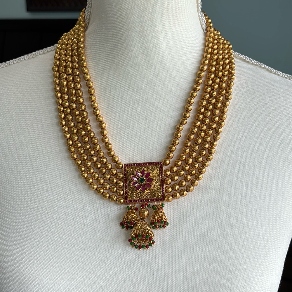 Gold Beaded Necklace with Red and Green Accents